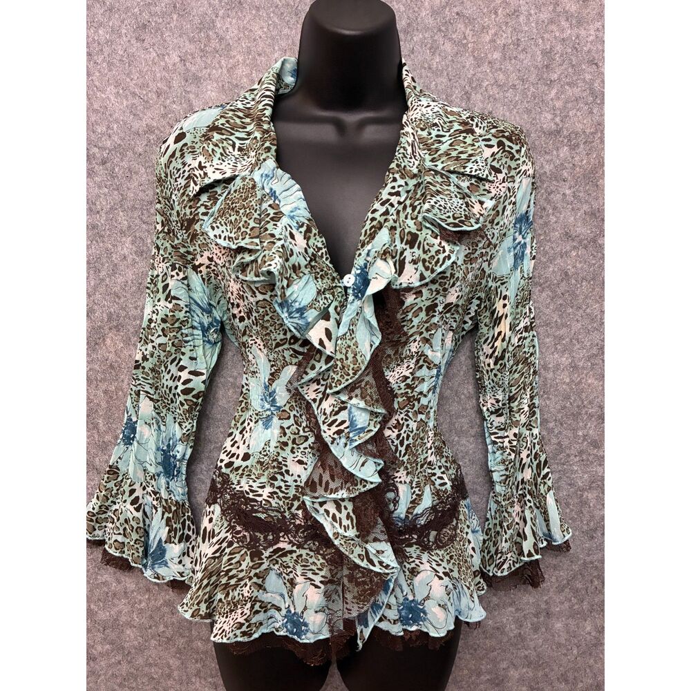 Y2K Leopard Floral Ruffle Blouse Sheer Lace Bell Sleeve Size M Fairy Whimsigoth